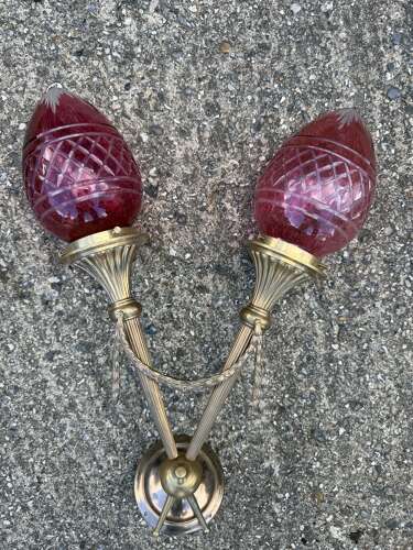 Gilt Bronze Double Torch Wall Lights with Cranberry Glass Flame Shades