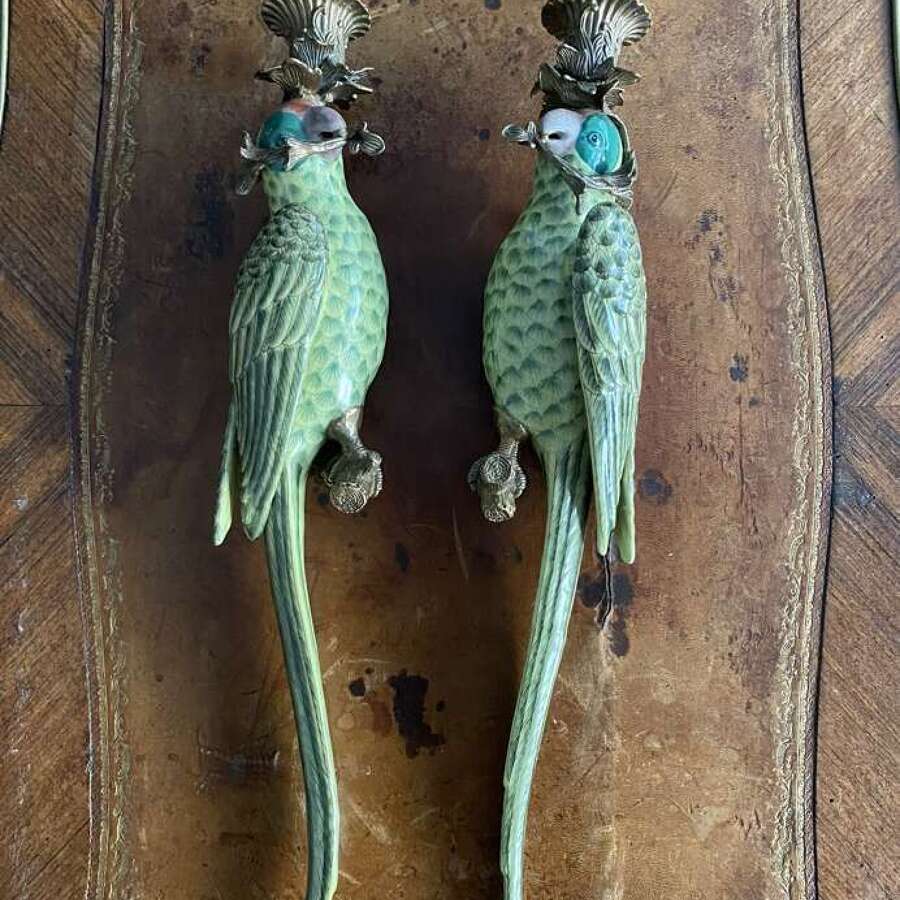 Pair Bronze & Porcelain Parrot Wall Candle Holders Sconces Painted