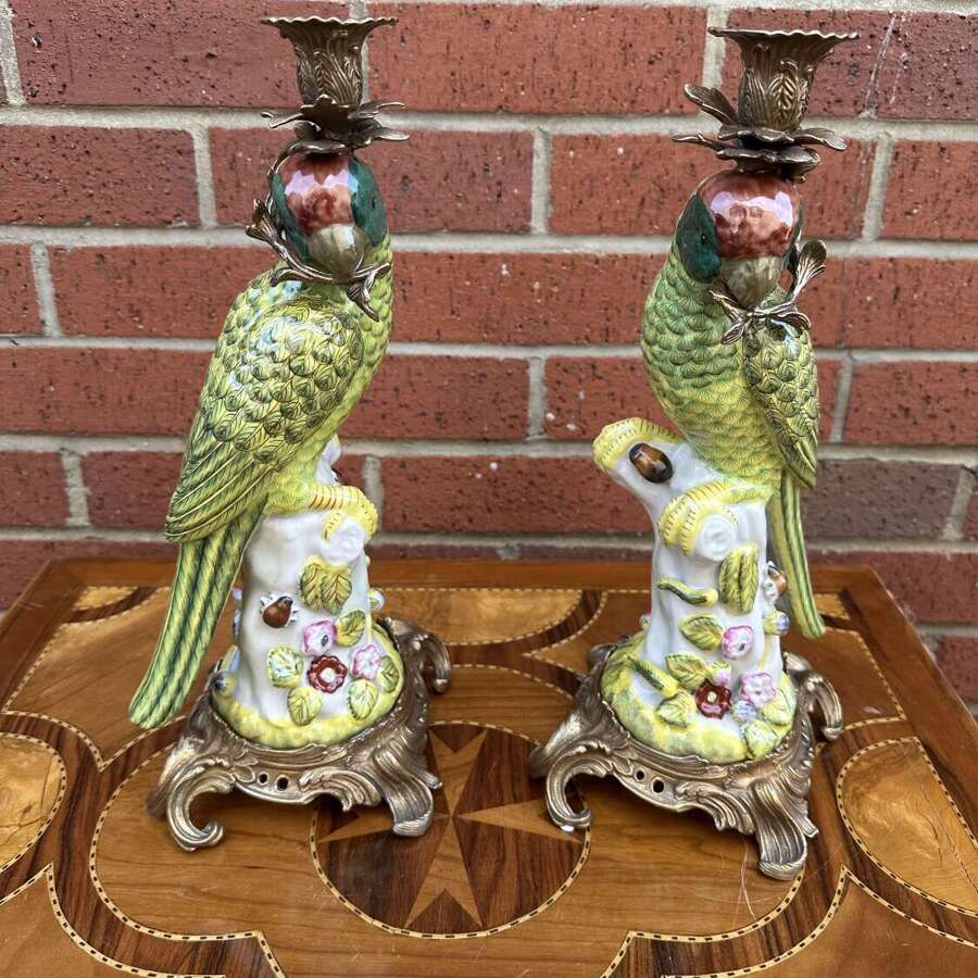 Pair Bronze & Porcelain Parrot Candlesticks country house