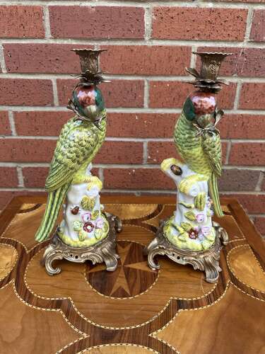 Pair Bronze & Porcelain Parrot Candlesticks country house