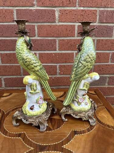Pair Bronze & Porcelain Parrot Candlesticks country house