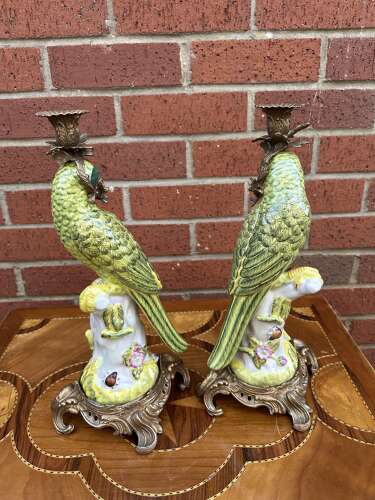 Pair Bronze & Porcelain Parrot Candlesticks country house