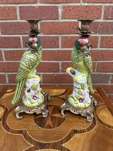 Pair Bronze & Porcelain Parrot Candlesticks country house