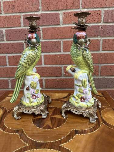 Pair Bronze & Porcelain Parrot Candlesticks country house