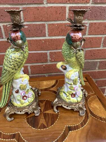 Pair Bronze & Porcelain Parrot Candlesticks country house