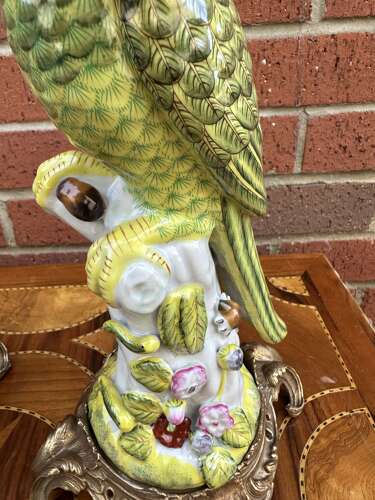Pair Bronze & Porcelain Parrot Candlesticks country house