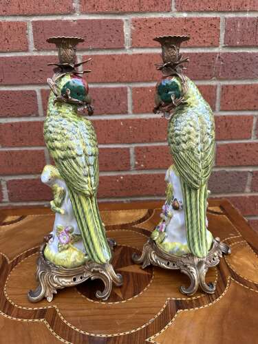 Pair Bronze & Porcelain Parrot Candlesticks country house