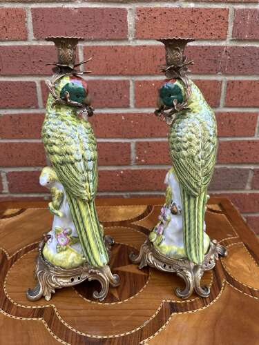Pair Bronze & Porcelain Parrot Candlesticks country house