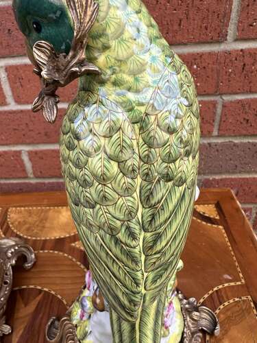 Pair Bronze & Porcelain Parrot Candlesticks country house
