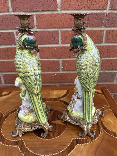 Pair Bronze & Porcelain Parrot Candlesticks country house