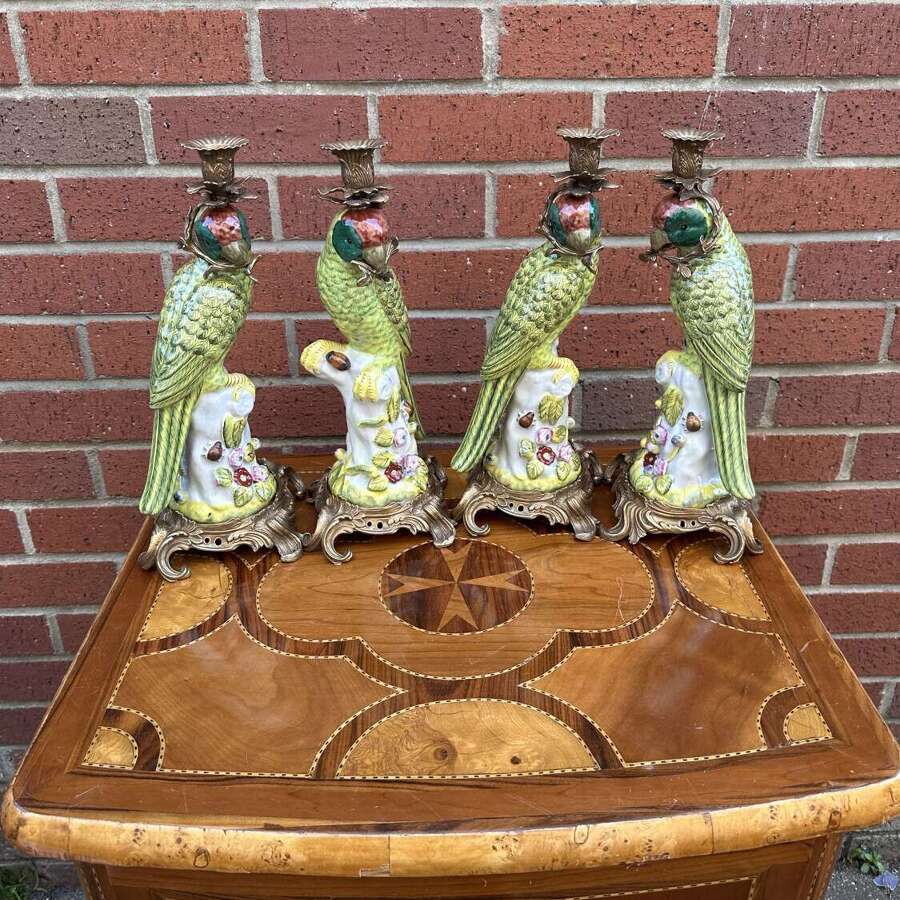 Four Bronze & Porcelain Parrot Candlesticks Green Country Hous