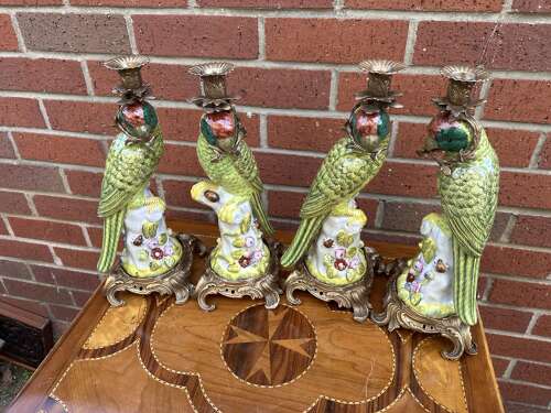 Four Bronze & Porcelain Parrot Candlesticks Green Country Hous