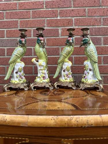 Four Bronze & Porcelain Parrot Candlesticks Green Country Hous